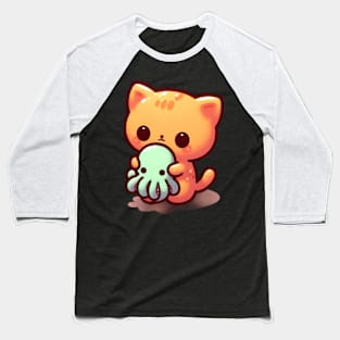 Cute little cat holding Cthulhu Baseball T-Shirt